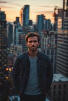 City skyline at sunset featuring a man in denim jacket and casual shirt photo