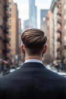 Businessman in suit looking down urban street with skyscrapers in background photo
