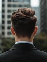 Man in suit standing in city, focusing on urban skyline and style photo
