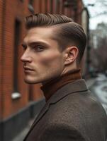 Handsome young man poses confidently in stylish outfit on urban street photo