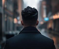 Man walking in urban alley on a rainy day during evening hours photo