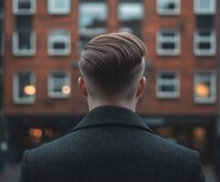 Man looking at urban skyline with modern architecture in evening light photo