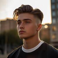Young man with stylish haircut gazes thoughtfully during golden hour photo