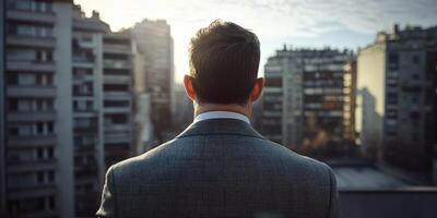 Man in suit observes city skyline during sunset on a clear day photo