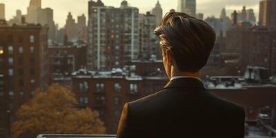 City skyline at sunset viewed by a man in a suit on a rooftop photo