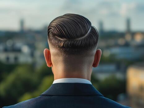 Elegant hairstyle viewed from behind in urban setting during daylight photo