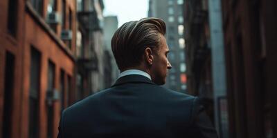 Stylish man walks through urban alleyway during early evening hours photo