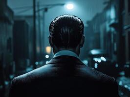 Dark alley scene featuring a man in a suit during a rainy night photo