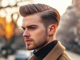 Young man with stylish haircut enjoys a sunny day outdoors in the city photo