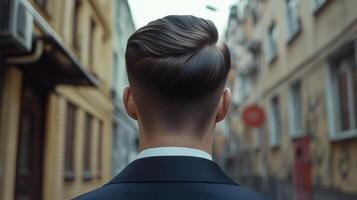 Man in suit walking down city street with stylish haircut in daylight photo