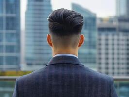 Man in suit gazes at city skyline from rooftop terrace in urban area photo