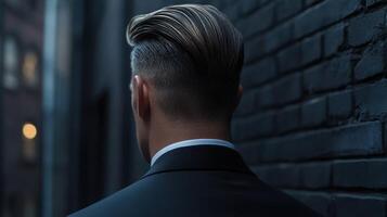 Stylish man in a suit against a textured brick wall during night photo