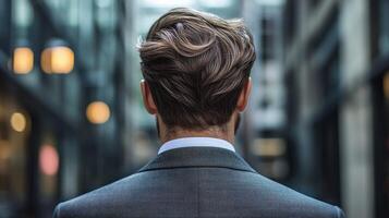 Man in stylish suit walking in urban environment on a sunny day photo