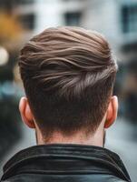 Stylish haircut features natural texture on urban street backdrop photo
