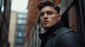 Stylish man poses against urban backdrop in early evening light photo
