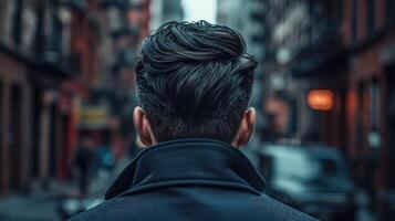 Stylish man walking down a city street in urban surroundings during twilight photo