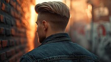 Man in denim jacket stands against urban wall at sunset photo