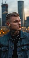 City skyline backdrop with a young man in denim jacket at sunset photo