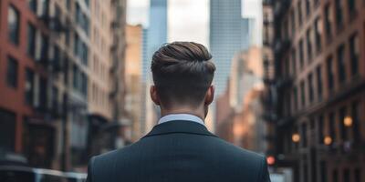 Businessman walking through a city street surrounded by tall buildings photo