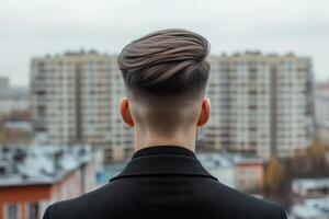 Young man gazes at urban skyline from rooftop on a cloudy day photo
