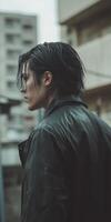 Young man in a wet leather jacket stands in a rainy urban setting photo