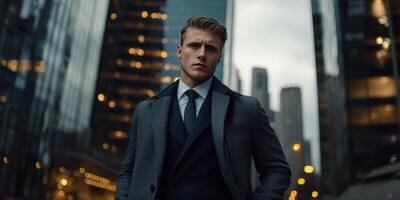 Businessman standing confidently in a modern cityscape during twilight photo