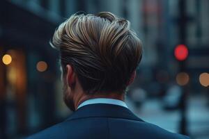 hombre en traje caminando lejos en urbano ajuste a oscuridad con suave luces foto