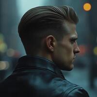 Young man with stylish haircut stands confidently on urban street at night photo