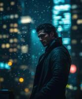 Moody night street portrait of a man in a city during snowfall photo