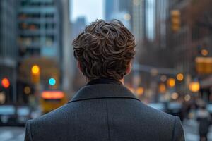 Man with curly hair stands in busy city street during evening hours photo