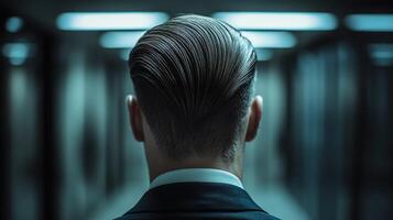 Man in a suit with slicked-back hair stands in a dimly lit corridor photo