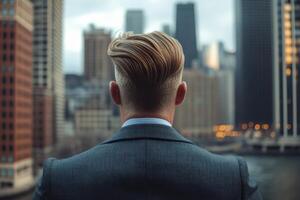 elegante hombre con elegante Corte de pelo miradas a ciudad horizonte durante crepúsculo foto