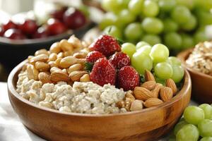 Healthy breakfast bowl with oats, fruits, and nuts at a dining table photo