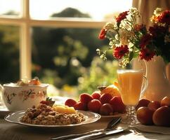 Morning breakfast with fresh fruit and oatmeal in a sunlit kitchen photo
