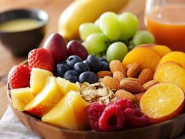 Fruit platter with nuts and oats for a healthy breakfast in a cozy setting photo