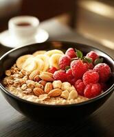 Healthy breakfast bowl with oats, fruits, and nuts in a cozy cafe setting photo