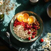 Breakfast bowl with fresh fruits and nuts for a healthy start photo