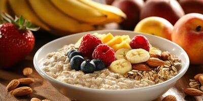 Healthy breakfast bowl with oats, fruits, and nuts for a nutritious start photo