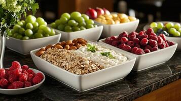 Fresh fruit and healthy snacks displayed at a buffet table photo