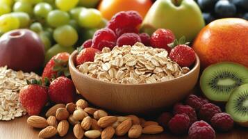 Healthy breakfast setup with oats, fruits, and nuts on a wooden table photo