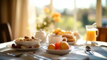 Breakfast spread featuring fruits, cereal, and beverages on a sunny morning photo
