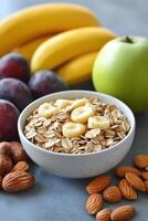 Healthy breakfast bowl with oats, fruits, and nuts for a nutritious start photo