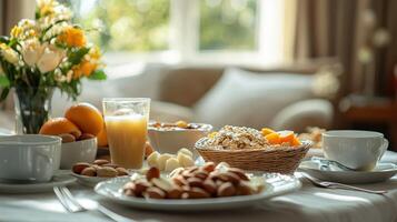 Delicious breakfast spread with fresh fruits and pastries on a sunny morning photo