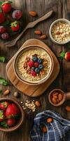 Healthy breakfast bowl with fresh fruits and nuts on wooden table photo