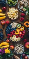 Fresh fruit and oats display on wooden table in bright setting photo
