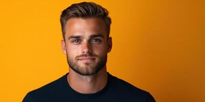 Young man with short hair poses against a vibrant yellow background photo