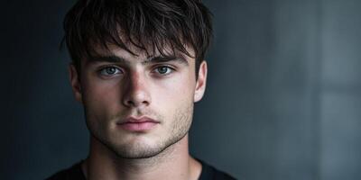 Young man with piercing eyes poses against a dark background in a close-up shot photo