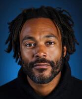 Portrait of a man with dreadlocks against a blue background photo