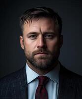 Confident businessman poses in tailored suit against dark backdrop photo
