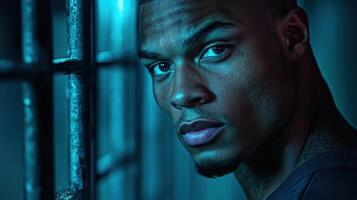 Intense portrait of a man gazing through bars in a dimly lit environment photo